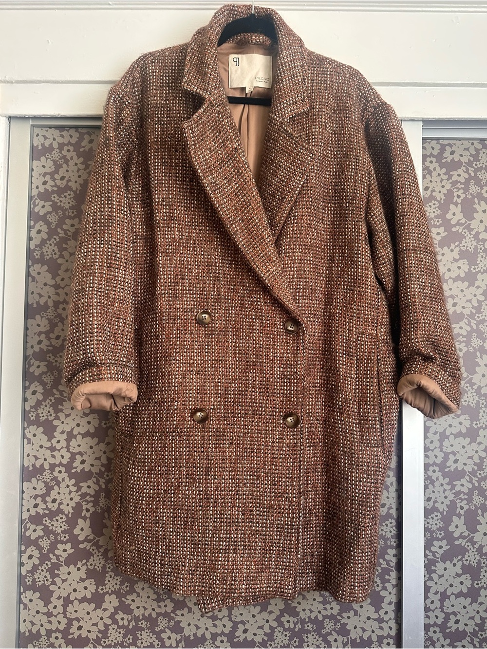 Pilcro Double-Breasted Tweed Pea Coat in Warm Brown